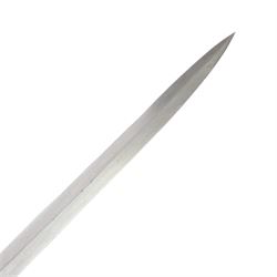 British 1822 pattern, named, infantry officers' sword, the 82cm slightly curved and fullered single edged blade engraved on both sides, bears the Victorian coat of arms and the owners initials 'GB', ricasso marked Grindlay & Co London, the brass basket guard with Victoria cartouche and fold down rear flap, shagreen bound grip with original wire binding and gilt sword knit, with brass scabbard, twin suspension rings and steel chape mount, overall L102cm  