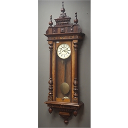  Large Vienna walnut cased wall clock, triple finial pediment, circular Roman dial, twin train movement striking on coil, H163cm  