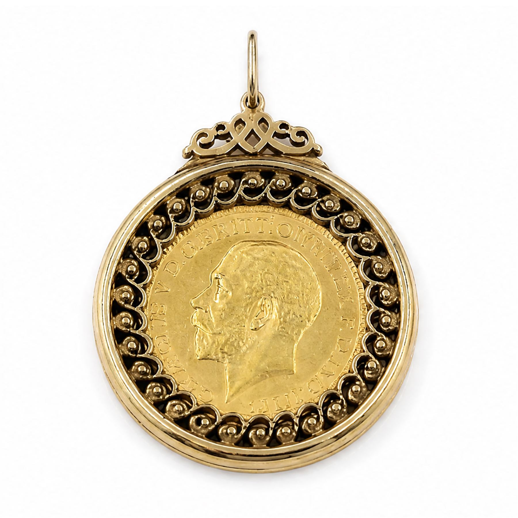 King George V 1912 gold full sovereign coin, loose mounted in a 9ct gold pierced design locket pendant, hallmarked
