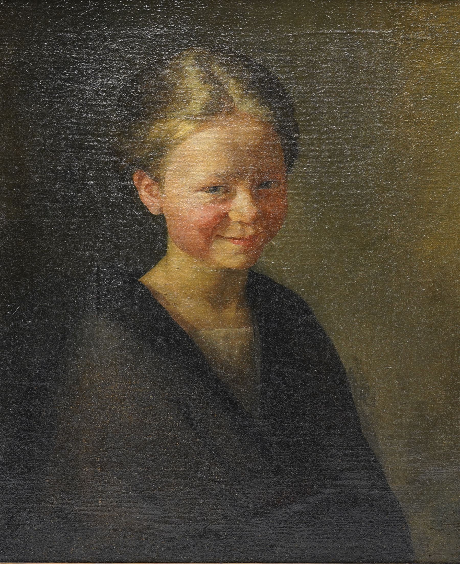 Scottish School (Late 19th century): Portrait of a Young Girl Smiling, oil on canvas unsigned 45cm x 37cm