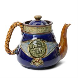 Royal Doulton stoneware Lord Nelson commemorative three piece tea set modelled in low relief with Victory and Nelson portrait with rope twist handles height of tea pot 13cm, Copeland late Spode coffee pot with relief moulded decoration and a similar jug