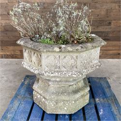 Large gothic design octagonal cast stone centre-piece urn olanter, quatrefoil decoration 