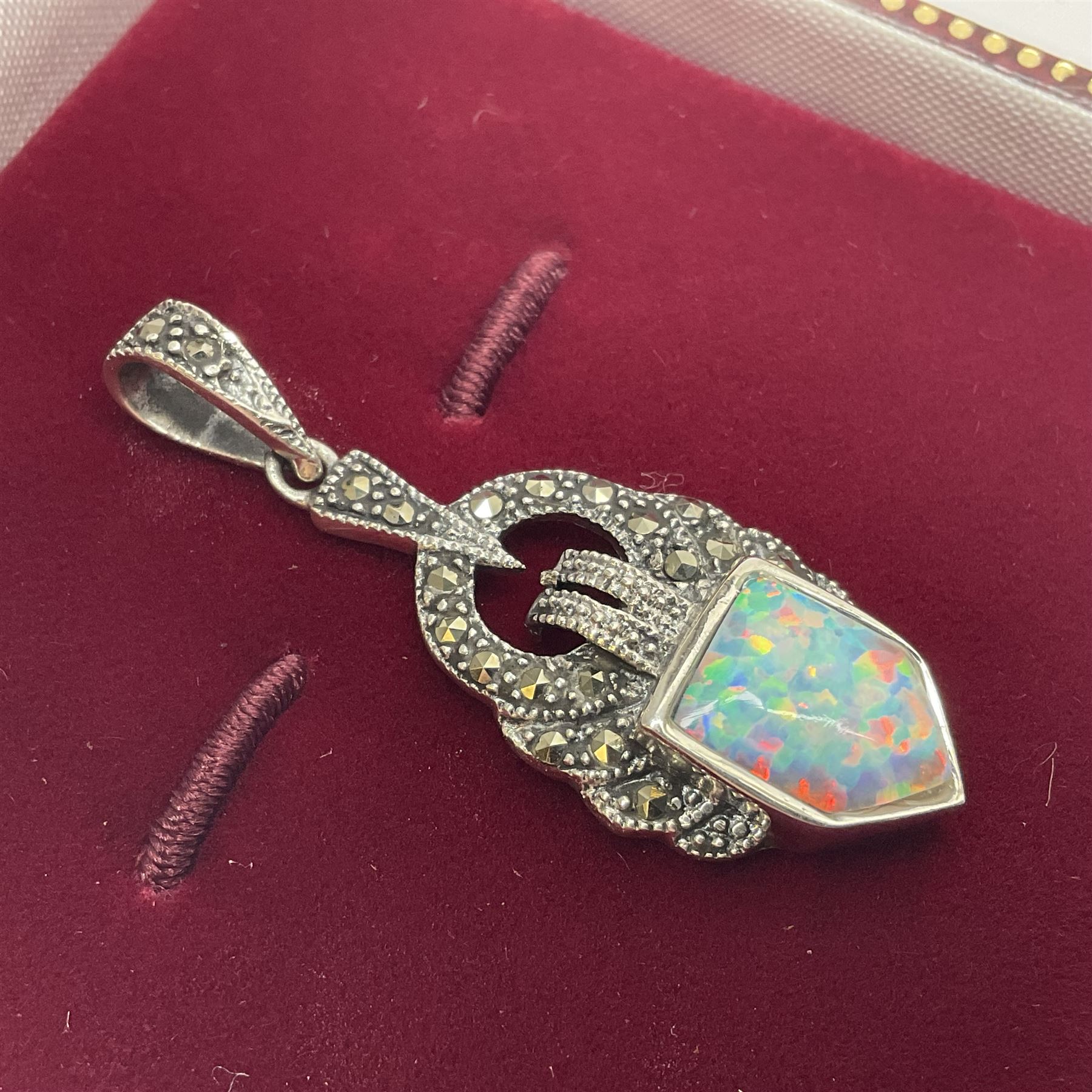 Silver opal and marcasite openwork pendant, boxed 