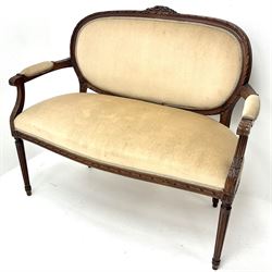 French style mahogany framed two seat sofa, shaped and carved cresting rail, turned tapering fluted supports, upholstered back seat and arms