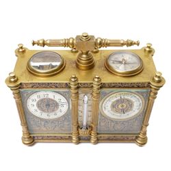 French-late 19th century combination brass carriage timepiece with barometer, thermometer and compass, with a fluted T bar handle and eight matching columns with turned finials, bands of fretted brass to the base and cornice and conforming decoration to the dial masks and dial centres, with silvered chapters to the time dial and barometer and a mercury thermometer between, the top with a circular bevelled viewing glass to the escapement and compass to the other, with a single train 8-day movement and cylinder platform escapement.  With key.