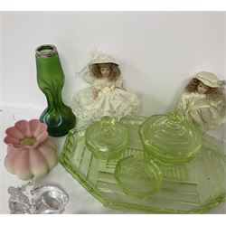 Uranium glass dressing table, bleikristall horse figures, dimple vase with silver collar, etc 
