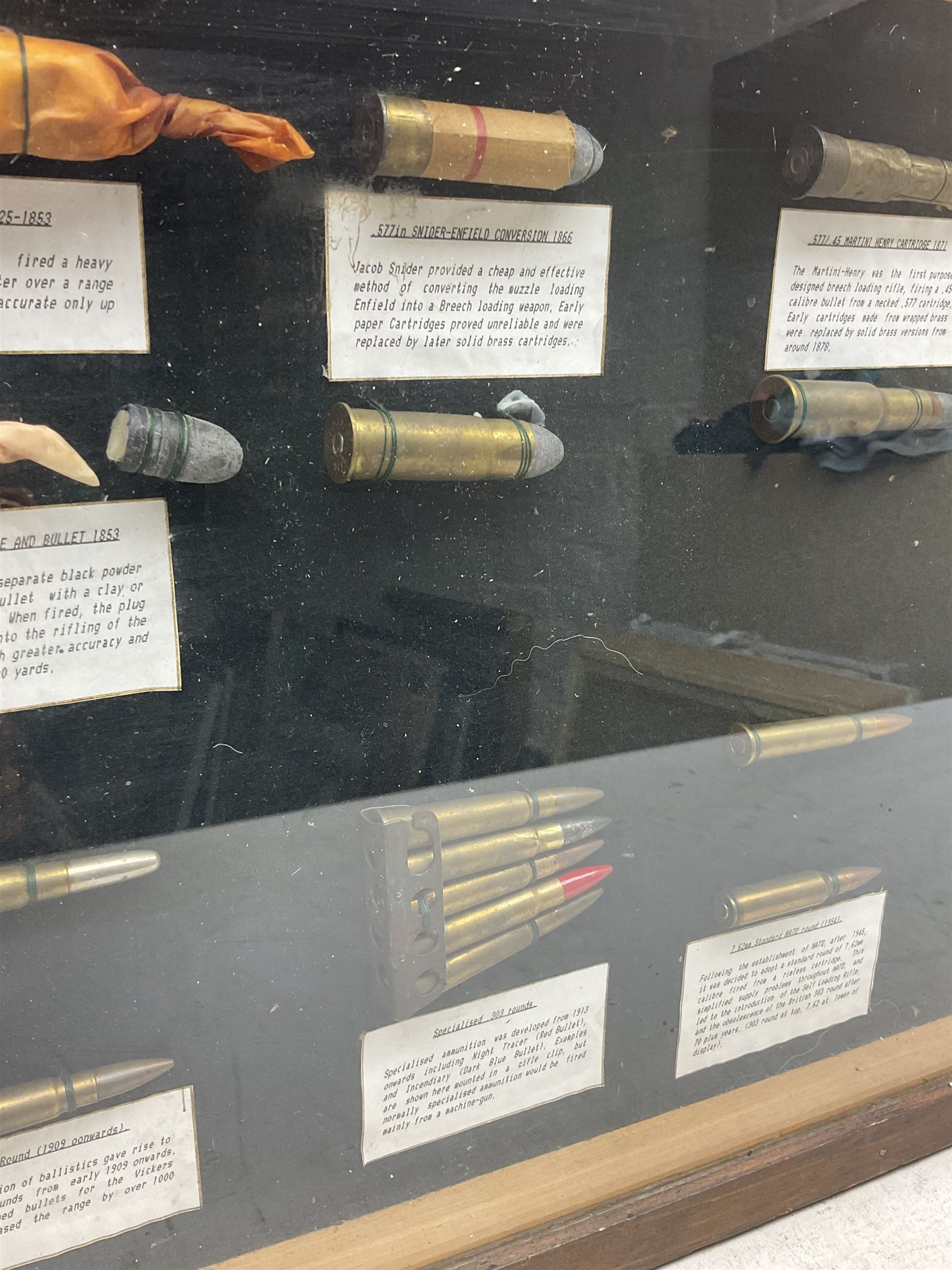 SECTION 1 FIRE-ARMS CERTIFICATE REQUIRED - Two cased specimen displays of annotated ammunition/cartridges - one entitled 'First World War Collection' containing twenty items including 7.63 Mauser, 7.65 Luger, .303, 7.62 x 54R Russian long, 455 Mk.II lead, 455 Auto etc; the other with sixteen items/clips including Musket cartridge, .577 Snider-Enfield, .577/45 Martini Henry, .303 Enfield Magazine, 7.62 Charger Clip, Specialised .303 rounds etc; largest case 41 x 76cm (2)