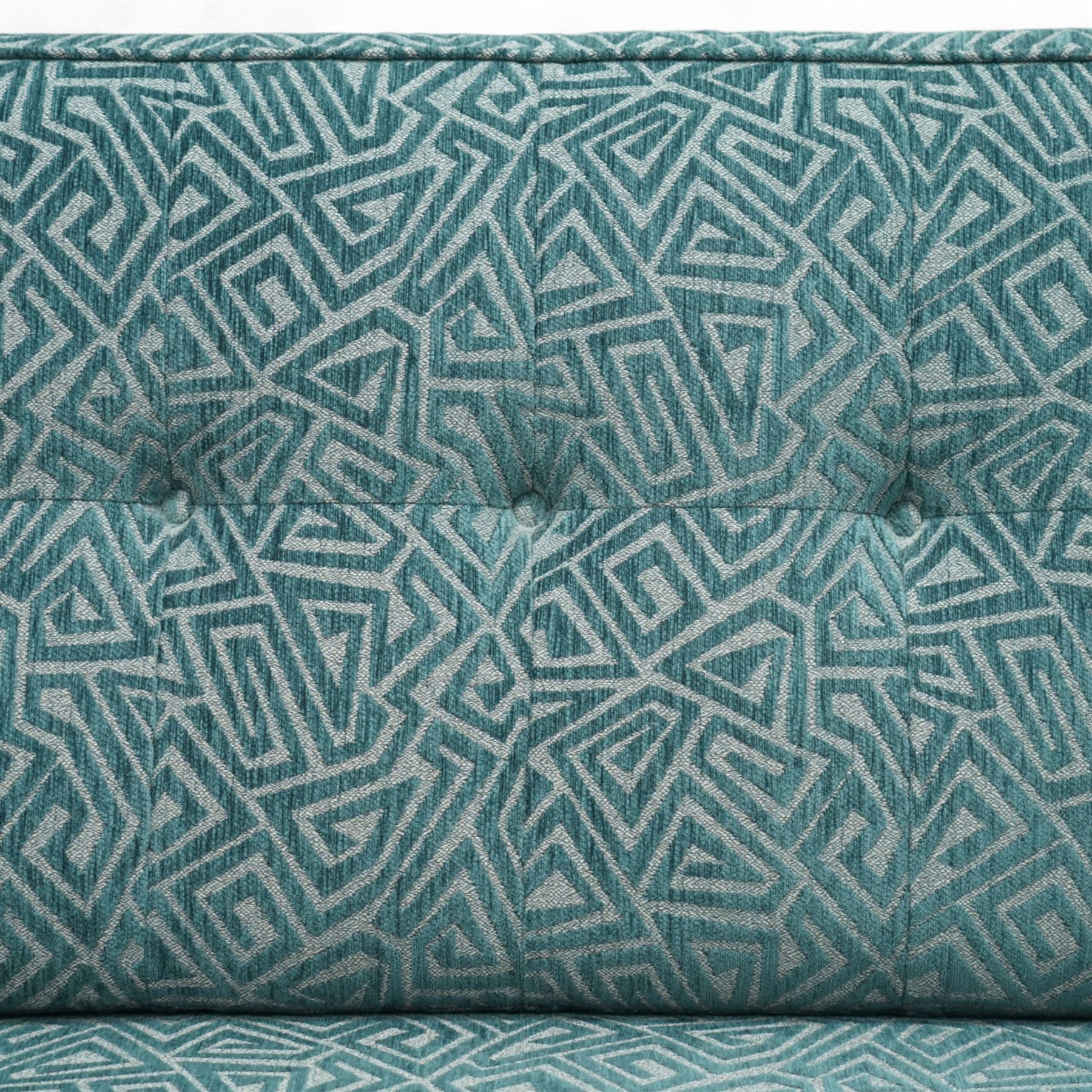 G-Plan Vintage - Contemporary unused Agatha 3 seater sofa, upholstered in G insignia fabric cushion seat and back cushion, rectangular side frame and matching fabric footstool, and additional unused seat cushion