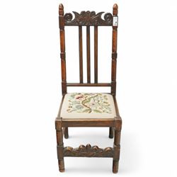 19th century Carolean design oak hall chair with tapestry seat; two Georgian design tripod tables; mahogany shelf (4)