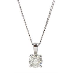 18ct white gold single stone round brilliant cut diamond pendant, stamped 750, on 9ct white gold chain, diamond approx 1.05 carat