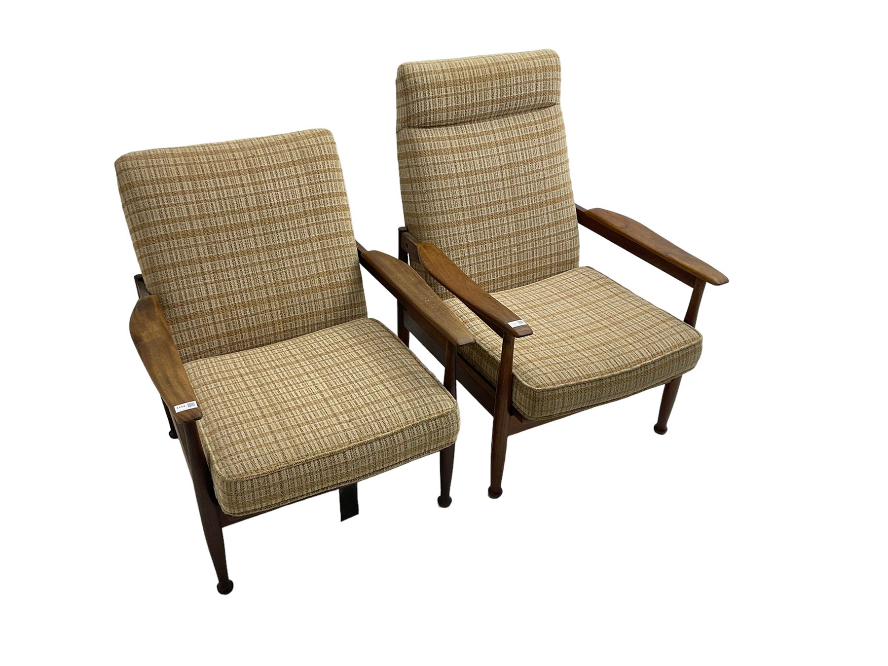 Guy Rogers - pair mid-century 'Manhattan' teak framed open armchairs, upholstered seat and back on turned supports