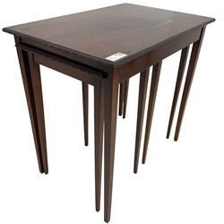 Georgian design mahogany nest of three tables, comprised of a rectangular side table over two square occasional tables, moulded edge on square tapering supports