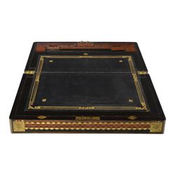19th century rosewood writing slope, of rectangular form, the hinged cover and front with inlaid foliate engraved brass corner panels, and inlaid marquetry and brass diamond borders, the cover with foliate engraved and named central plaque, opening to reveal a fitted and compartmented interior with gilt tooled black leather slope, H21cm W50cm D28.5cm