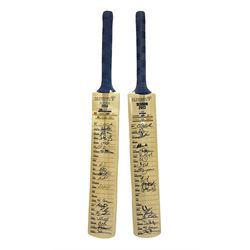 Two signed Yorkshire County cricket bats, from 2013 and 2014 seasons, bearing signatures including Johnny Bairstow, Joe Root, Tim Bresnan, Andrew Gale, etc