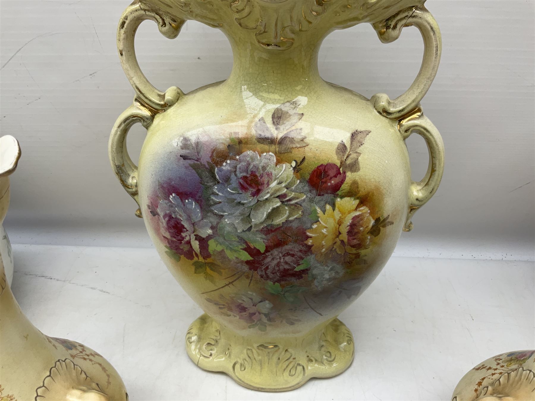 Fieldings Crown Devon Windsor pattern wash jug and bowl, together with two blush ivory ewers and other Victorian ceramics to include twin handled vase of flattened form and jug, tallest H36cm