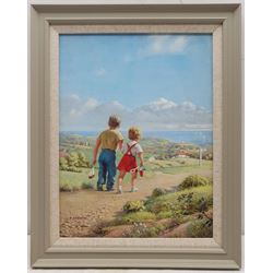 Frank Osborne (British 1885-1972): The Road to the Sea, gouache signed 38cm x 29cm 
Provenance: painted in 1964 and sold to the artist's agents A. Vivian Mansell & Co Ltd on 13th Feb 1964 for 30 guineas. 
Notes: Frank Osborne was a postcard and greeting card artist and illustrator who lived in Robin Hood's Bay. Little of his work has come on to the open market as the majority was sold with copyright. The present painting probably depicts a fictionalised landscape above Fylingthorpe, near Whitby. We are grateful for the artist's estate for their help in cataloguing this lot.