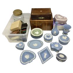 Wedgwood Jasperware to include lilac trinket box with original box, light blue vases, trinket dishes, boxes etc, together with a walnut box, coins and other collectables 