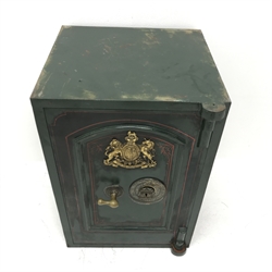 Victorian cast iron safe single door enclosing two drawers, green painted finish, royal coat of arms, 'Thomas Skidmore & Son, Wolverhampton' with single key, W49cm, H72cm, D47cm