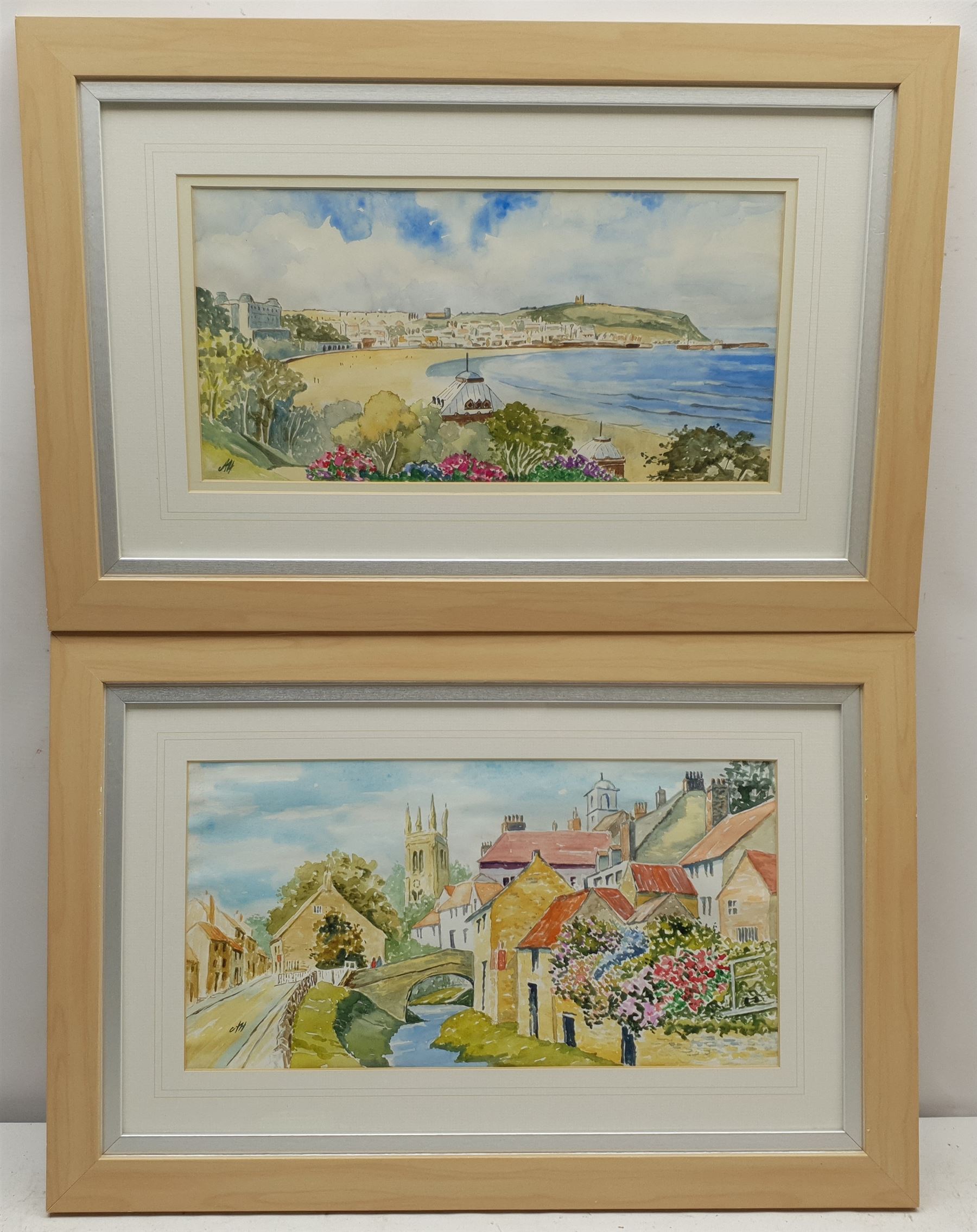 A Hunter (British 20th century): Scarborough South Bay and Helmsley, pair watercolours signed with initials 19cm x 39cm; Len Greenhalgh (British 20th century): Landscapes, pair watercolours signed 25cm x 35cm (4)