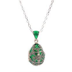 Silver plique-a-jour and marcasite locket pendant necklace, stamped 925