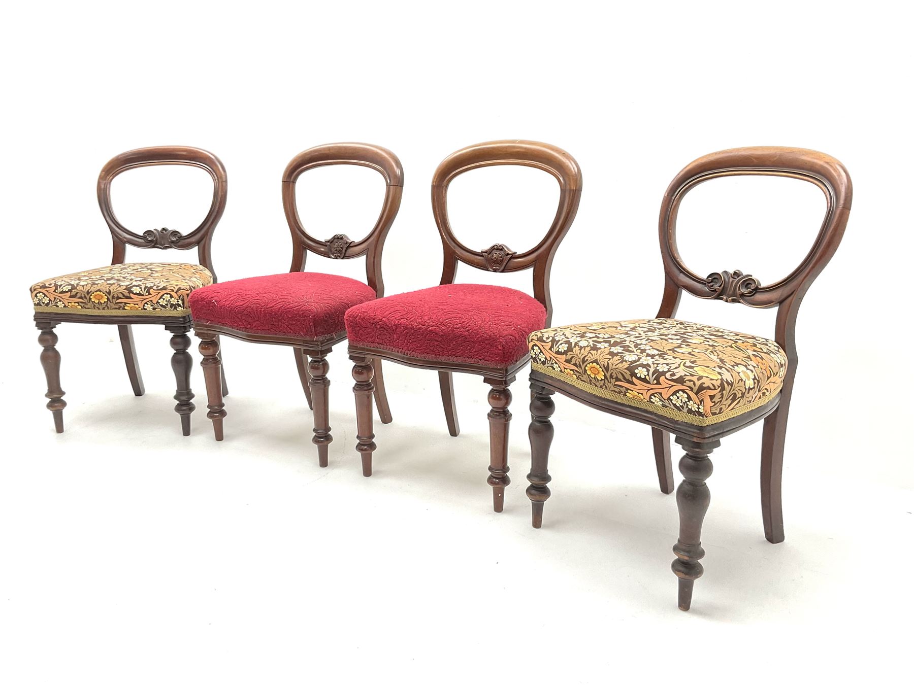 Four Victorian mahogany ballon back dining chair, upholstered seat, turned supports