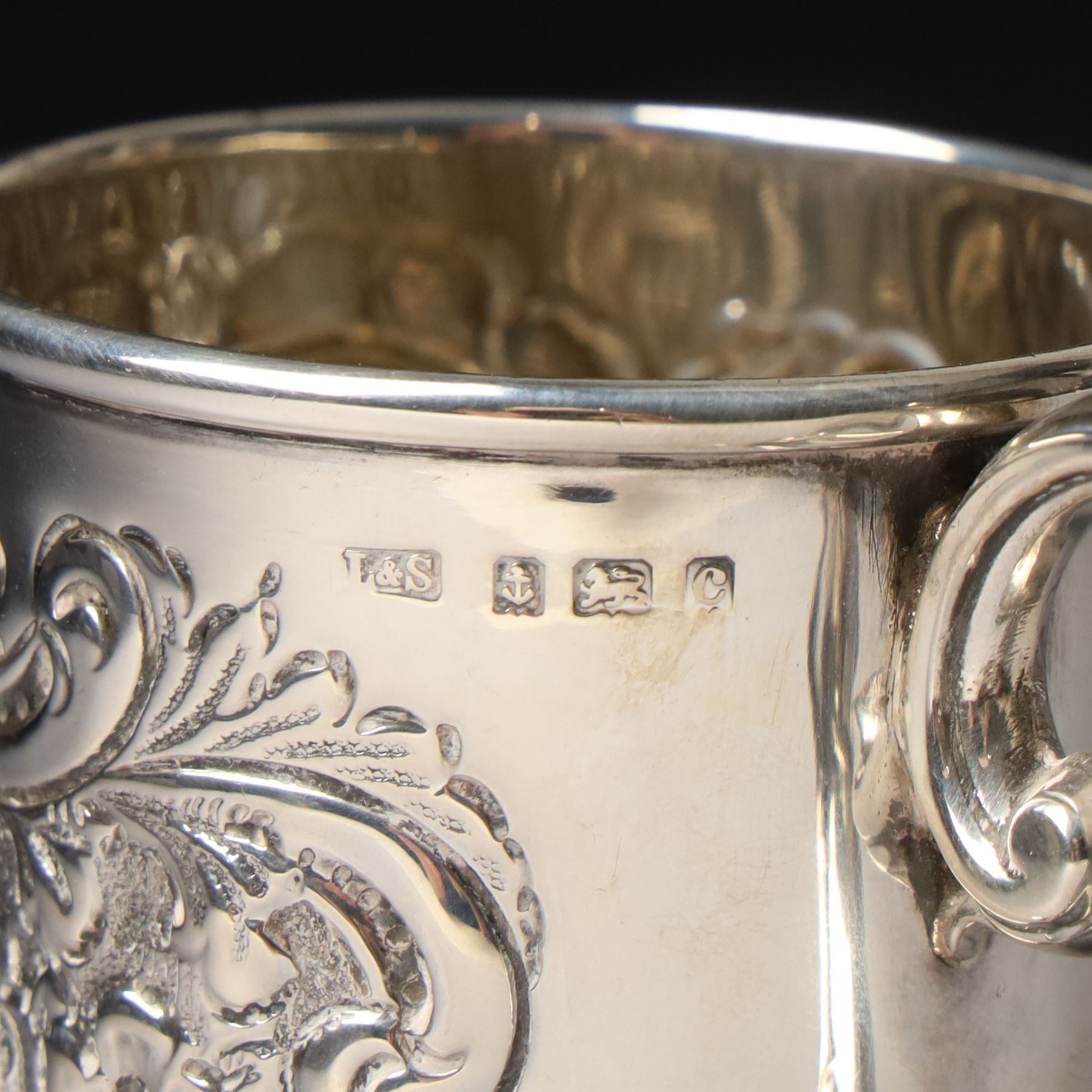 Edwardian silver christening mug with engraved decoration H8cm Birmingham 1902 and two others 1900 and 1902