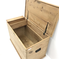 Stripped Victorian pine blanket box, single hinged lid, metal carrying handles, W90cm, H63cm, D49cm