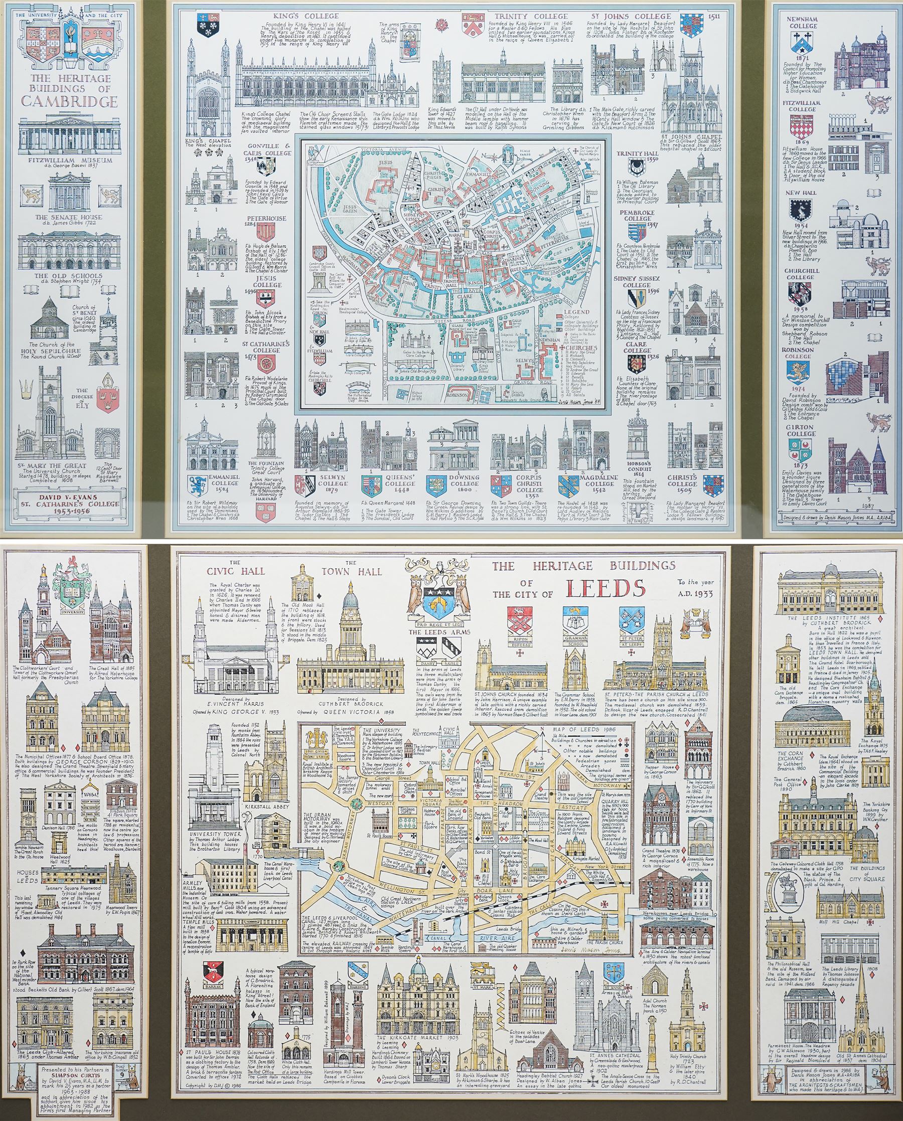 Denis Mason Jones (British 1918-2010): 'The Heritage Buildings of Cambridge' and 'The Heritage Buildings of the City of Leeds', pair pictorial colour maps 45cm x 75cm (2)