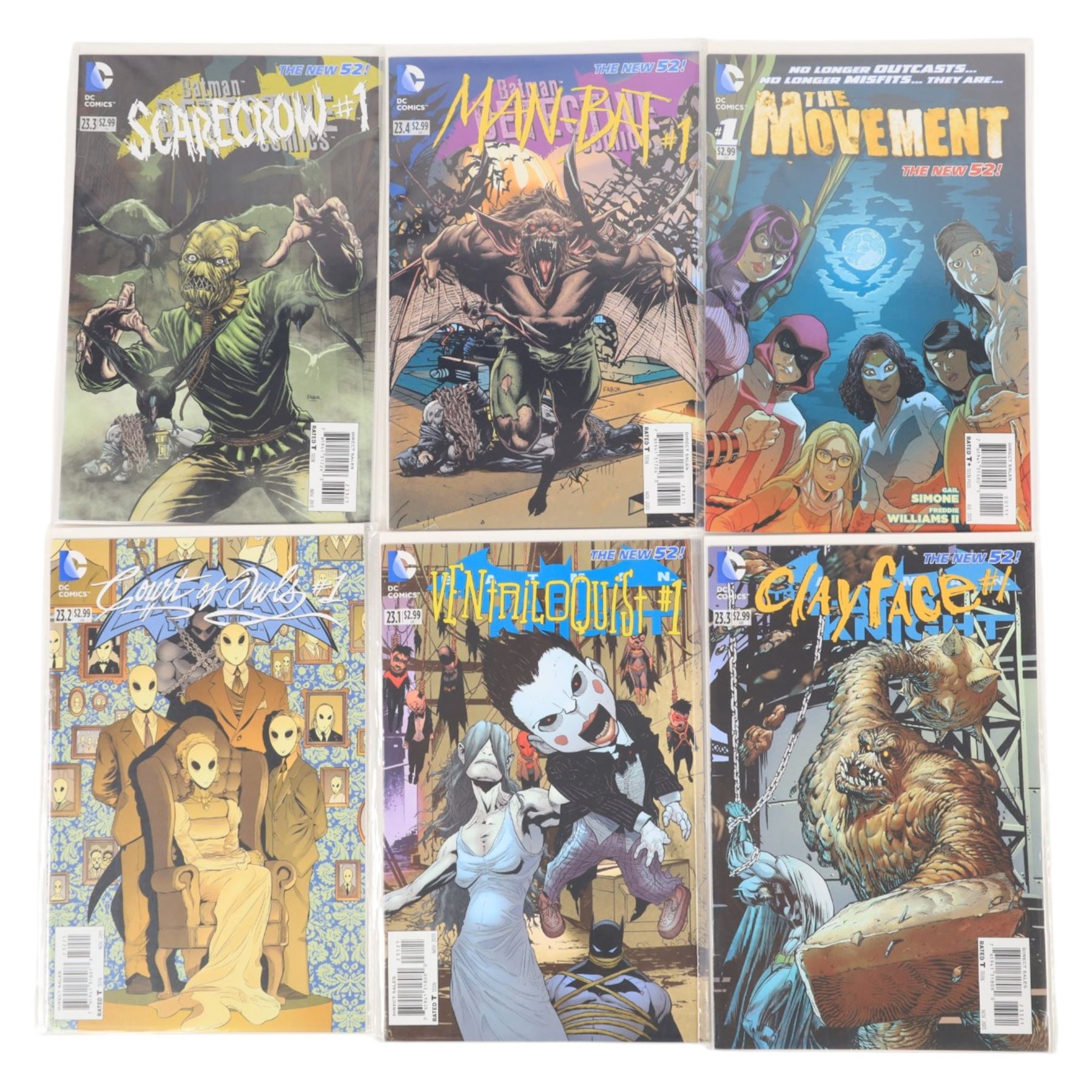 Seventy-eight modern DC comic books circa 2012-2014, including Batman, Batman Eternal, Batman The Dark Knight, Batman Detective, Teen Titans and Batgirl, together with a 1988 DC Batgirl #1 