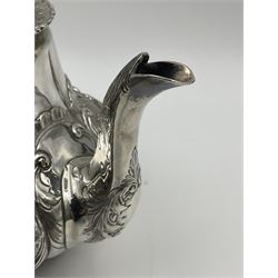 Victorian silver three piece tea service, comprising teapot, twin handled open sucrier, and milk jug, each of bellied form with acanthus capped scroll handles, the sides embossed with alternating scroll edged vacant panels and panels containing a pair of birds, upon four palmette feet, the teapot with ivory insulators to handle, and bird finial to the hinged domed cover, hallmarked William Hunter & Son, London 1861, teapot H19cm, including handles sucrier H13.5cm, including handle milk jug H12cm

This item has been registered for sale under Section 10 of the APHA Ivory Act