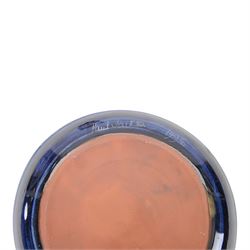 Paul Jackson Studio Pottery dished plate, decorated with Kingfishers and Koi fish amongst yellow irises, D26cm, together with a Paul Jackson Studio Pottery mug, of bellied form decorated with fruits, H11cm, each signed and dated 1996 and 1994