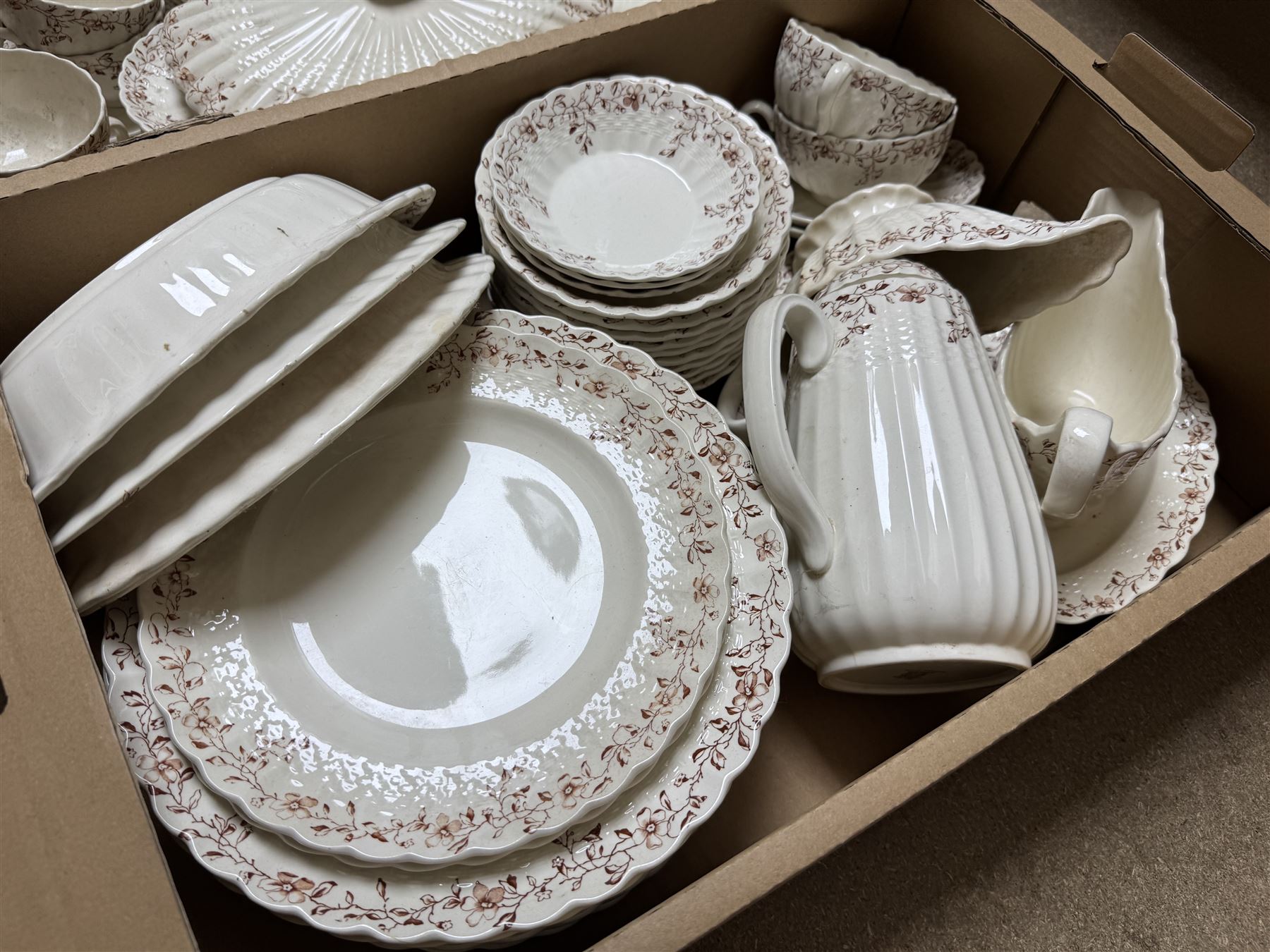 Copeland Spode Wicker Dale tea and dinner service, including coffee pot, tea pot, ten dinner plates, covered tureen, serving dishes etc in four boxes 