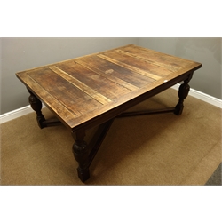 Large early 20th century oak drawer leaf dining table, on four carved baluster supports connected by x-shaped stretchers, H76cm, 122cm x 183cm - 275cm (extended)  