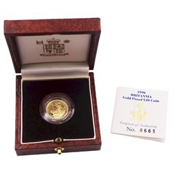 Queen Elizabeth II 1996 gold proof 1/10 ounce Britannia coin, cased with certificate