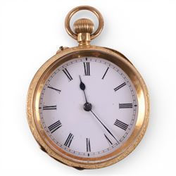 
Early 20th century 18ct gold open face keyless cylinder pocket watch, white enamel dial with Roman numeral hour markers, engraved foliate case, stamped 18K with Helvetia hallmark