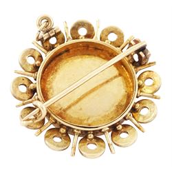 19th century gold turquoise portrait brooch / pendant, set with a circular portrait of a woman in 18th century dress on ivory, under a glazed panel, within an alternating surround of turquoise set hoops and gold spokes. This lot has been registered for sale under Section 10 of the APHA Ivory Act