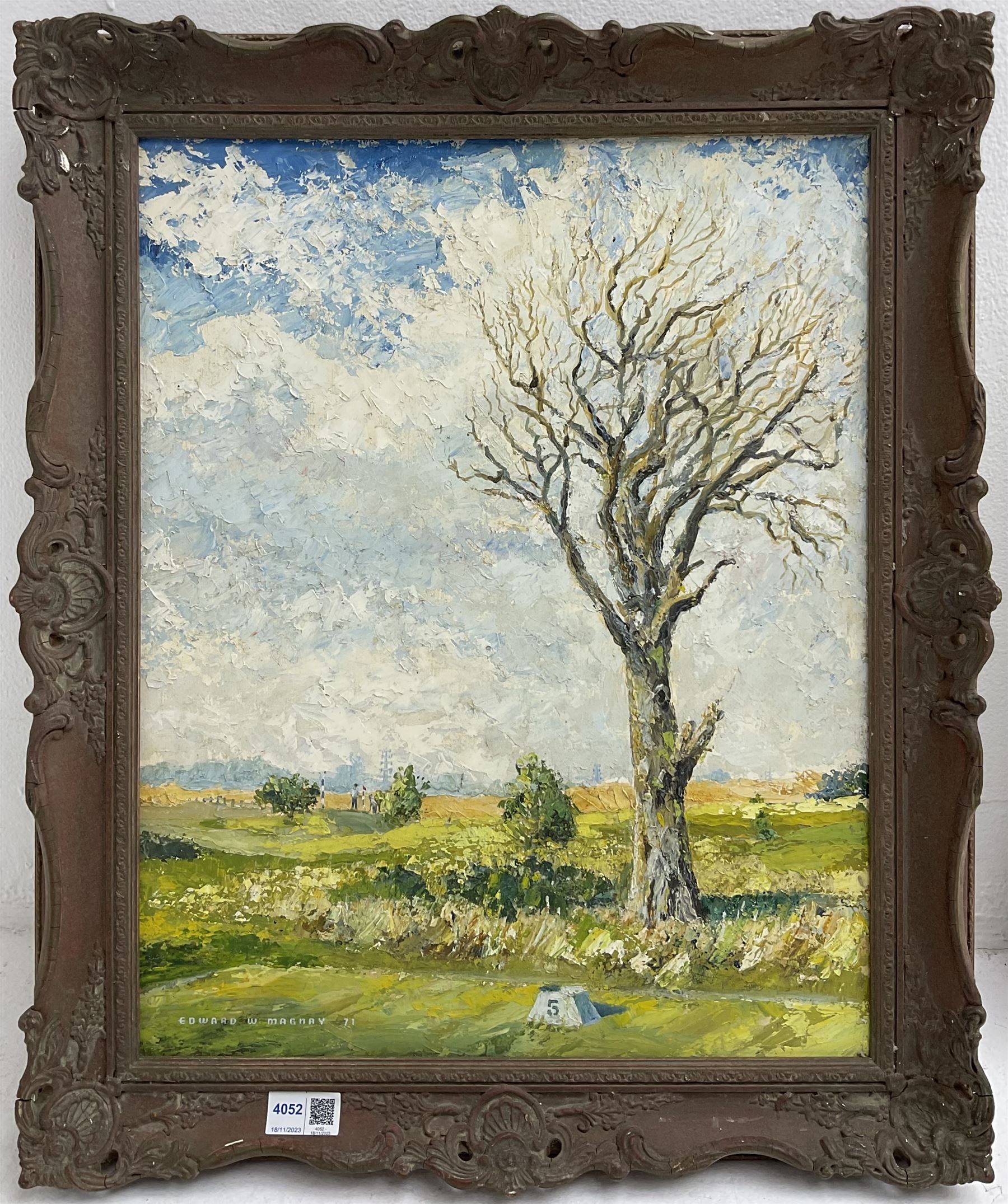 Edward W Magnay (20th century French): 'Temporary Tree', oil on board, signed and dated '71, 49cm x 39cm