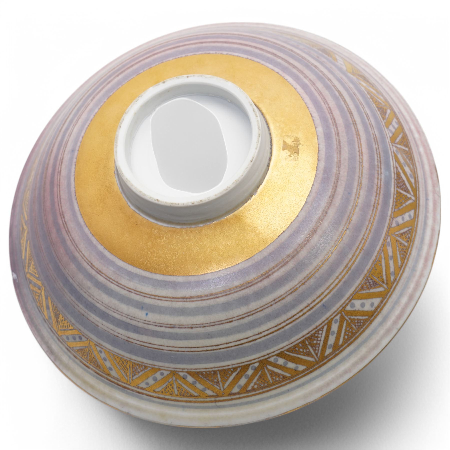 Mary Rich (1940-2022); three studio pottery footed bowls, in blue with gilt geometric decoration, impressed potters seal to base, largest D28cm (3)