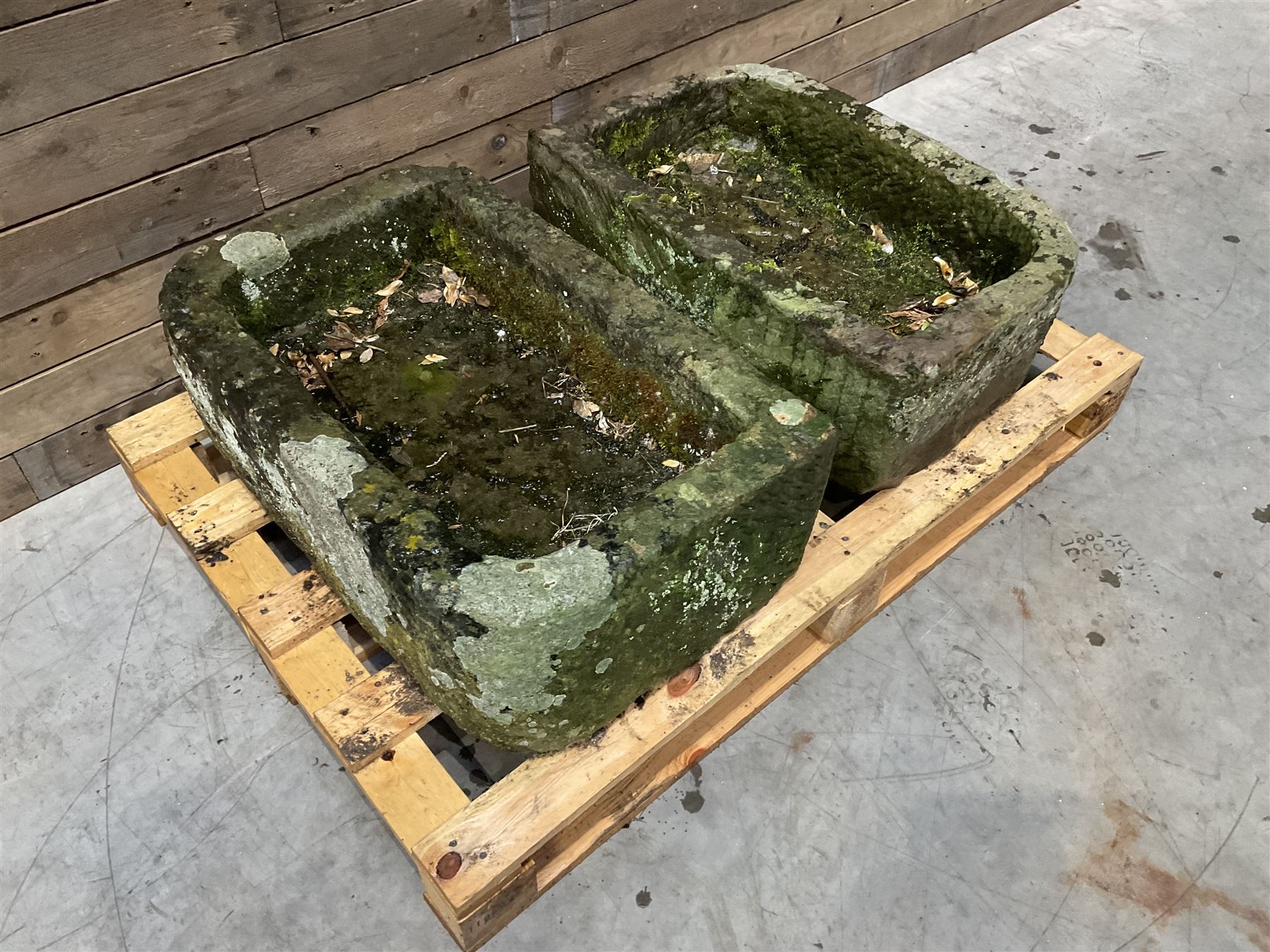 Two 19th century rectangular stone troughs (W72cm, D46cm, H25cm & W70cm, D44cm, H23cm)