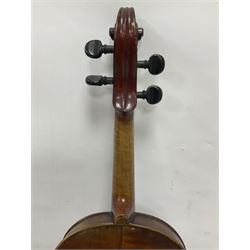 Full size violin and bow in a wooden constructed fitted case, back length 35cm, full length 60cm