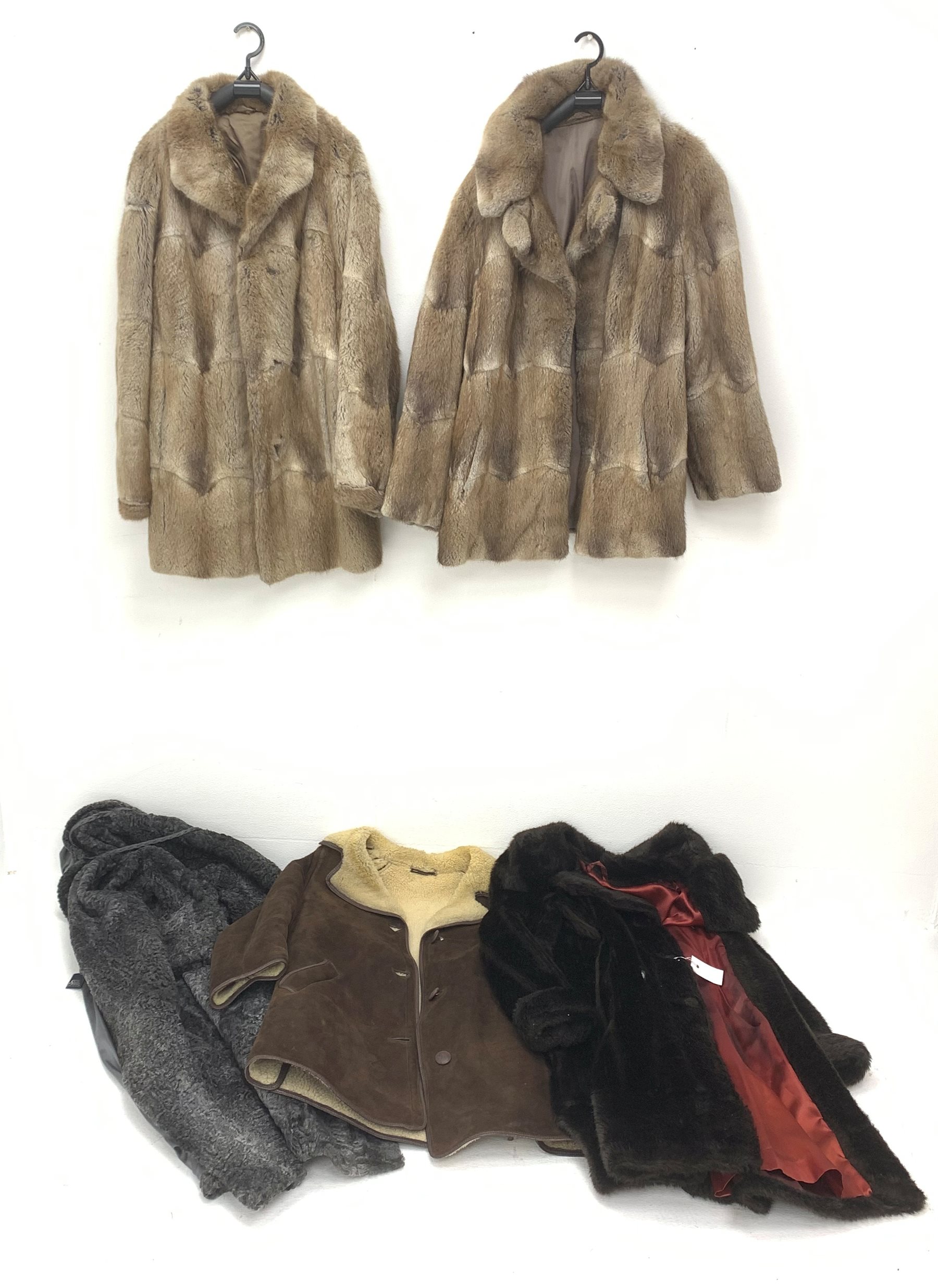 Grey Persian Lamb coat by Sixth Sense, Sheepskin coat, Astraka faux fur coat and two matching fur coats (5)