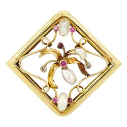 French early 20th century 18ct gold ruby, pearl and diamond square brooch, open work set w...