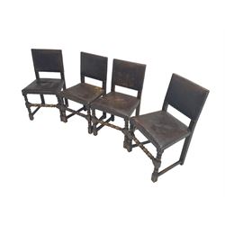 Set of four Jacobean style oak and studded leather dining chairs