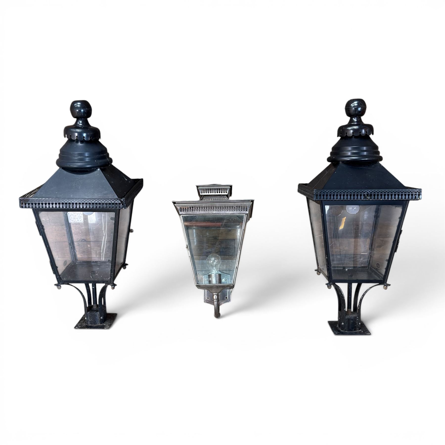 Pair of Victorian design black painted 'street' lamps, and a satin chrome light fitting
