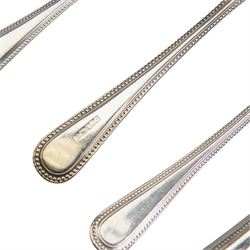 Late 20th century canteen of silver cutlery for twelve place settings, comprising fish knives, fish forks, soup spoons, dessert forks, dessert spoons, silver handled dessert knives, table forks, silver handled table knives, teaspoons, coffee spoons and four table spoons, each with beaded borders to handles, all hallmarked Argentum Ltd, Sheffield 1996, contained within a rectangular mahogany canteen with fitted green velvet interior