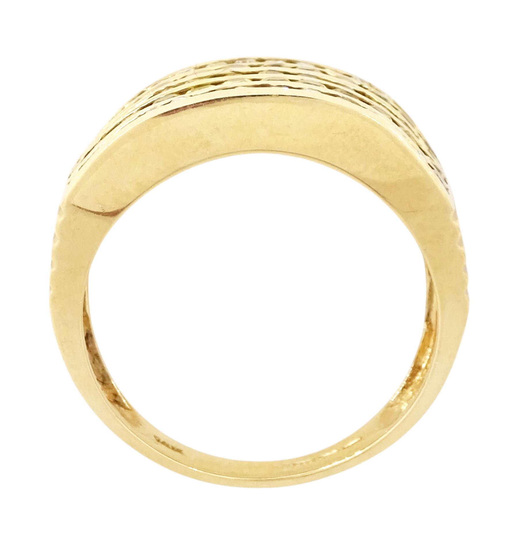 14ct sapphire and diamond half eternity ring, channel set with two rows of round brilliant cut diamonds, spaced by three rows of round cut yellow sapphires, hallmarked, total sapphire weight approx 1.45 carat, total diamond weight approx 0.30 carat