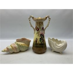 Two Poole figures of dolphins with a  black and blue ground,  Victoria China Desert Scene tea wares, Sylvac shell vase and other ceramics and glassware, in two boxes