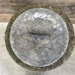 Victorian design cast stone sun dial, circular column with lead NESW plate