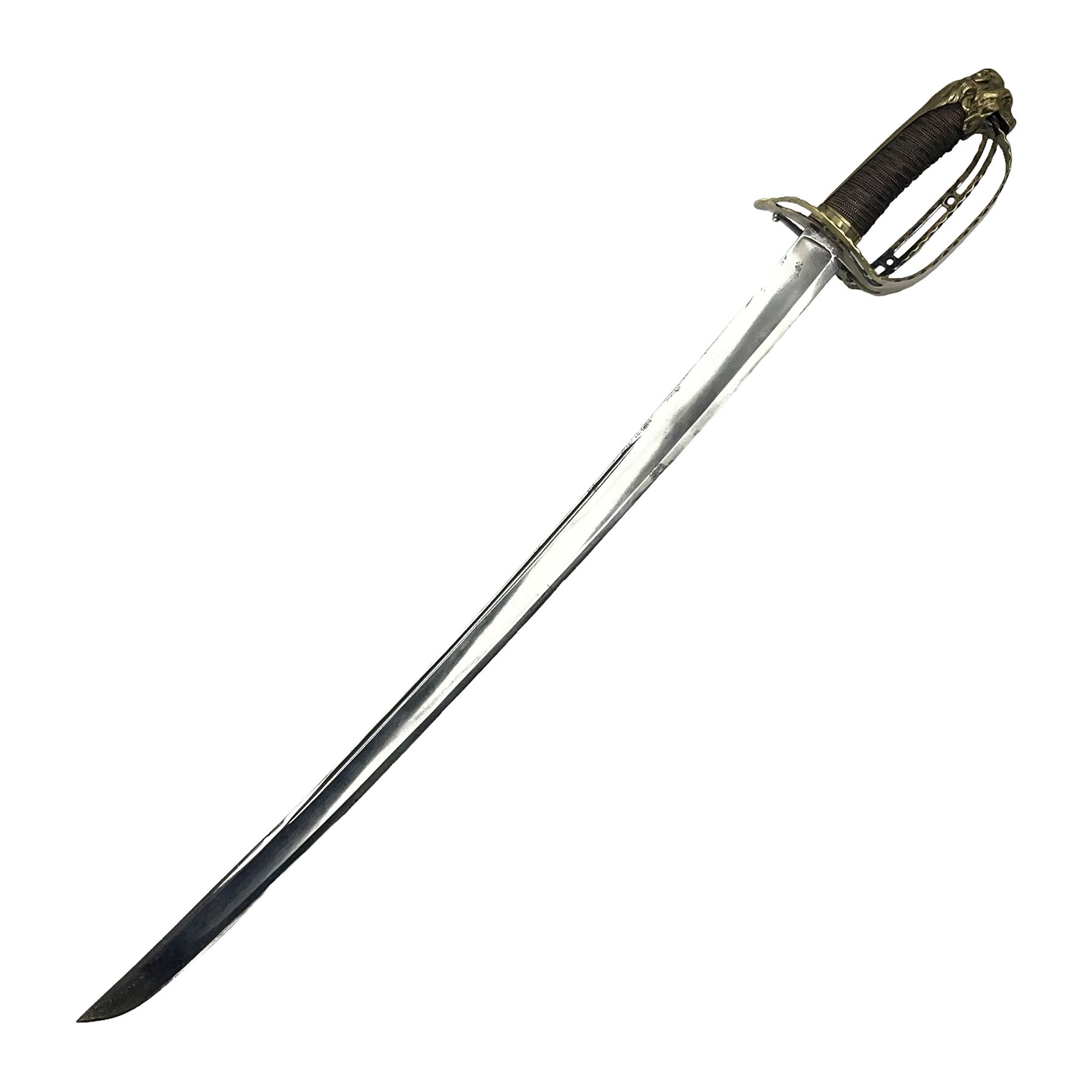 Late 18th century French 1st Empire Troupe a Pied Petit Montmorency Branch Tournante officer's sword, with 72.5cm slightly curving fullered blade, pierced brass hilt with lockable swivelling bar, fully wire-bound grip with lion head pommel, L88cm overall (no scabbard)