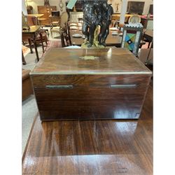  Victorian brass inlaid rosewood dressing table box, retailed by F.L. Hausburg, Liverpool, the lid centred by a brass cartouche, opening to reveal letter store to lid underside, above a fitted interior, with ten mounted cut glass jars, bottles and manicure set, within lift out leather trays, above jewellery drawer, with key, H17cm D24cm